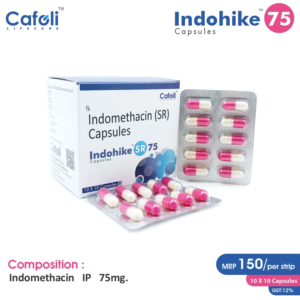 Indomethacin 75mg Capsule at the best price in PCD Pharma Franchise for Pain and Inflammation Relief.